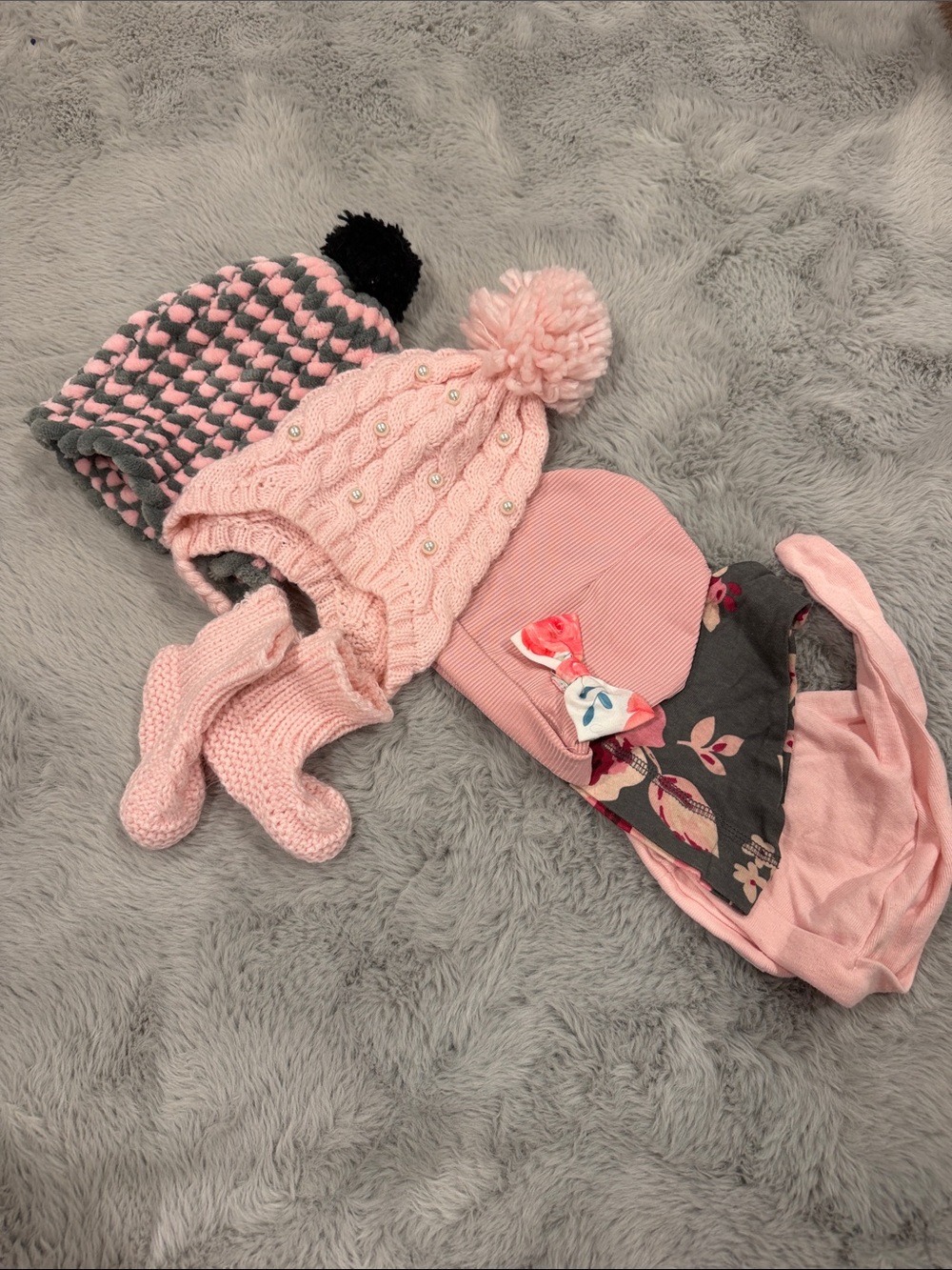 Infant baby girl hat bundle Pink and Gray Winter Hat Set - Soft Knit Beanies